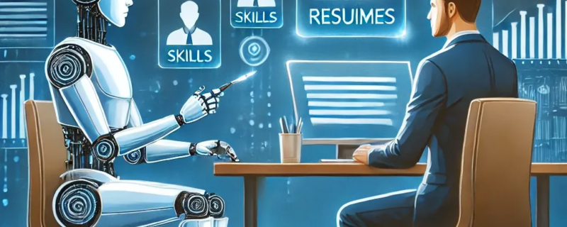 Illustration sur la thématique IA et recrutement : autour d'une table, un robot debrief un recruteur avec un ecran virtuel et une sélection de profil, de CV et de compétences à sélectionner.