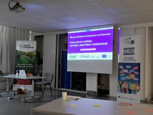 GEYVO recrutement en temps partagé au MIREC sur le thème « Tutorat, mentorat et parrainage : des solutions concrètes au service du retour à l’emploi ». Ecran de projection.