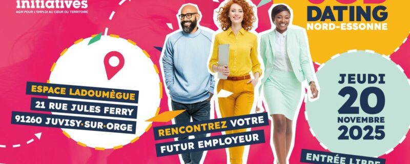Affiche job dating du 20 novembre 2025 par avenir initiatives. textes : espace Ladoumègue – 21 rue jules ferry 91269 Juvisy-sur-Orge, rencontrez votre futur employeur, entrée libre 13h30 - 17h. image de 1 homme et 2 femmes en marche. fond rose.