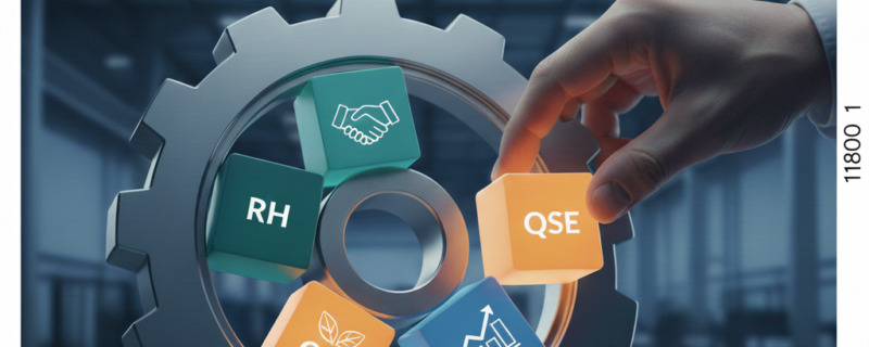 illustration avec un engrenage composé à l'intérieur de l'emoji serrage de mains, graphique flèche qui monte, textes QSE RH, et une main qui tient un cube QSE