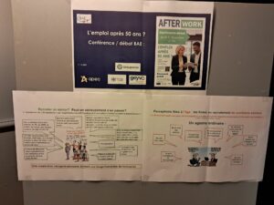 affichette à l'entrée de la conférence débat sur l'emploi des seniors organisée le 11 décembre 2025 par la BAE Yvelines