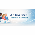 Illustration avec 4 personnages Texte : IA et diversité, recruter autrement
